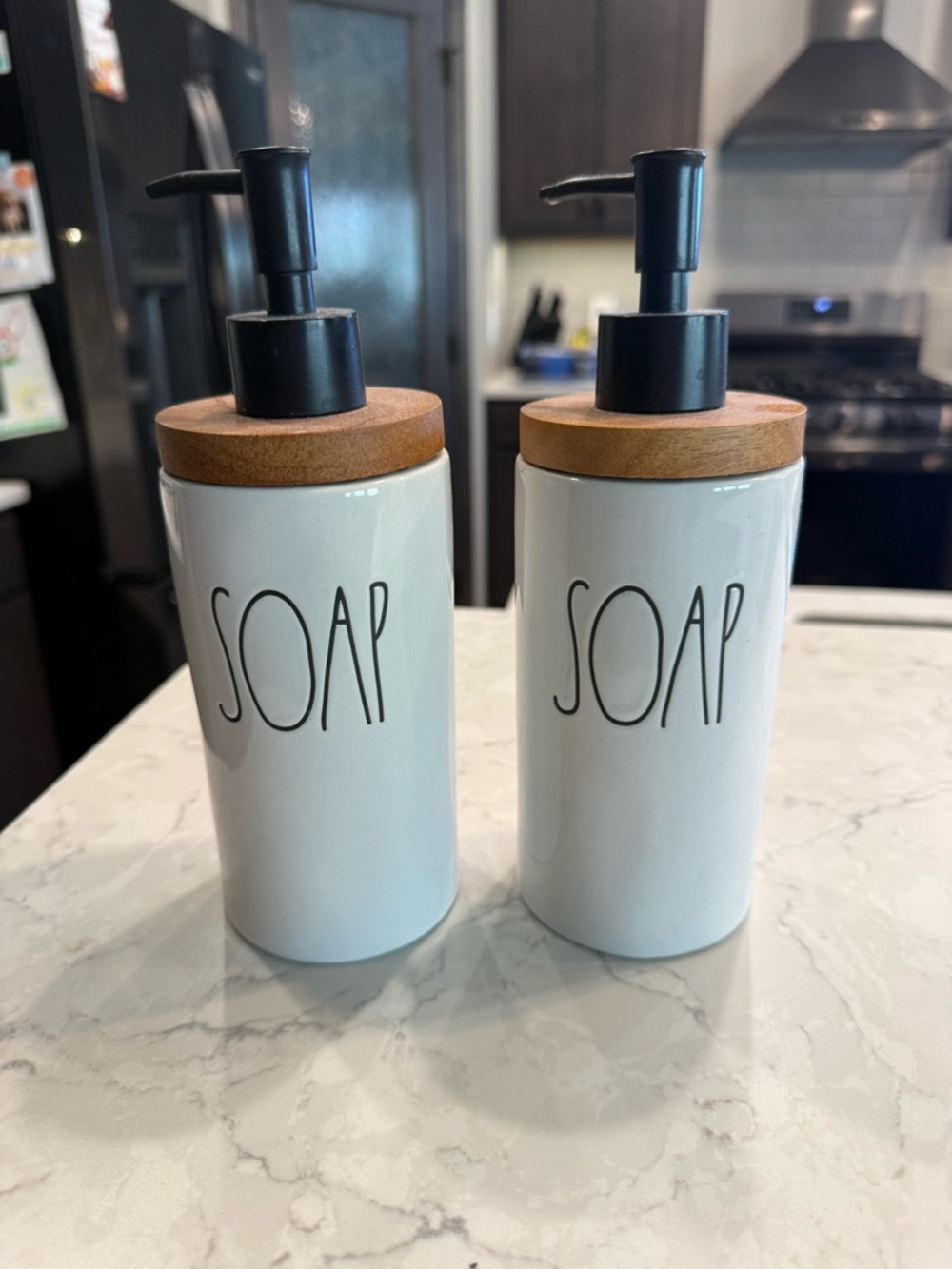 Rae Dunn White Ceramic SOAP Dispensers with Black Pumps and Wood Lids
